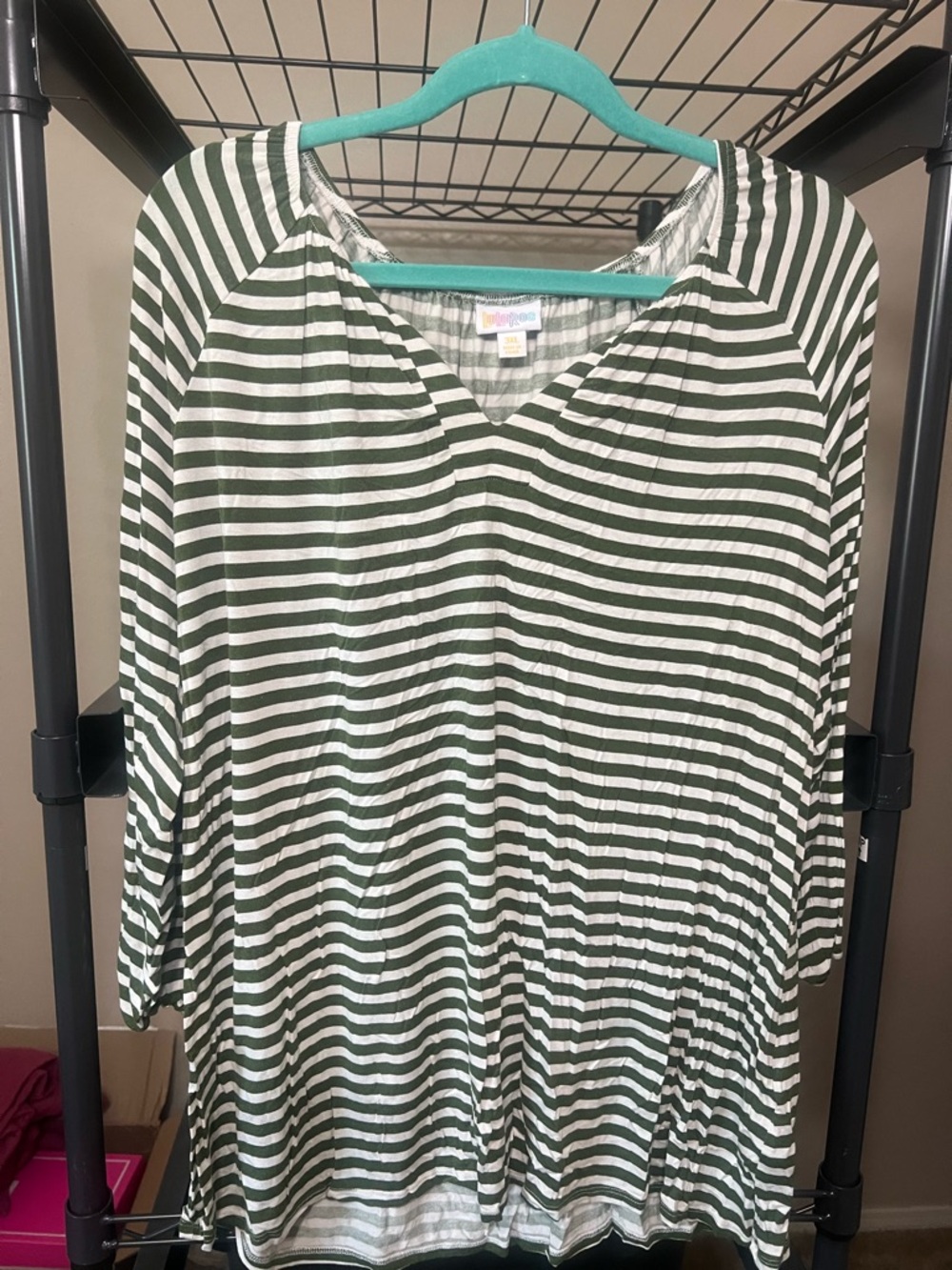 LuLaRoe Olive & White Striped V-Neck Long Sleeve Top